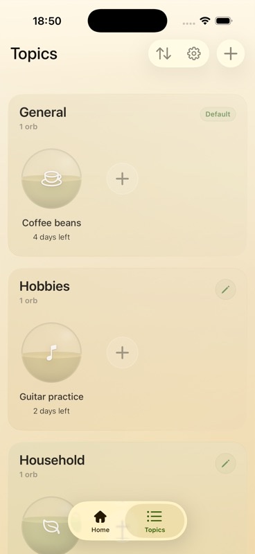 Refill Topics tab in light mode with recurring tasks grouped into General, Hobbies, and Household sections.